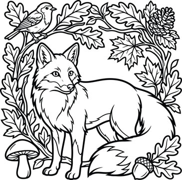 A intricate coloring page featuring a graceful fox standing under oak leaves and branches.