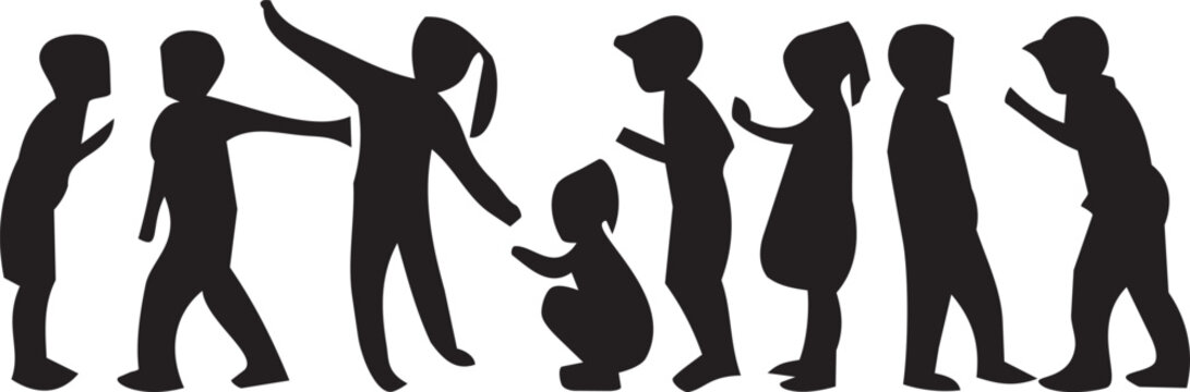 Childrens silhouettes playing together in a group during a sunny day concept