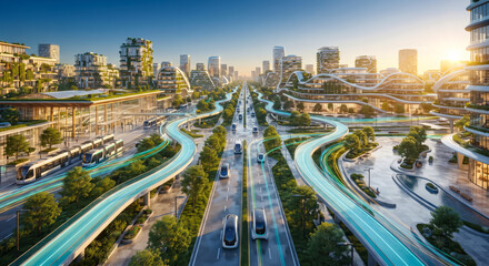 Fototapeta premium Intelligent Urban Mobility in a Green Futuristic Smart City.