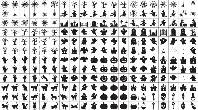 Collection of Halloween icons including bats ghosts and pumpkins in a grid with a black silhouette style