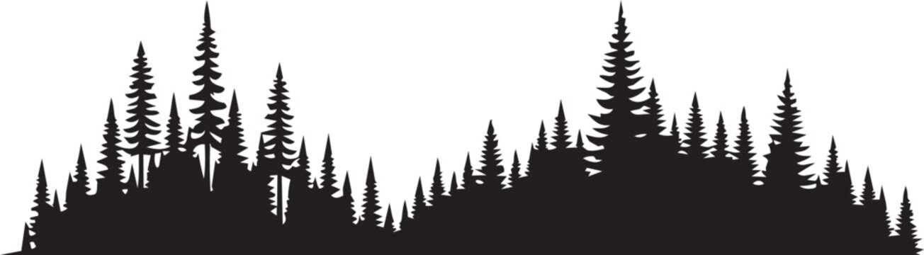 Coniferous forest silhouette against a white background for nature design elements