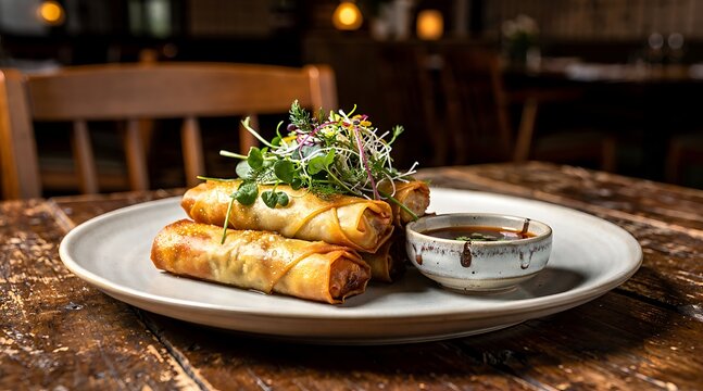 Crispy spring rolls with fresh microgreens and dipping sauce on a rustic table.