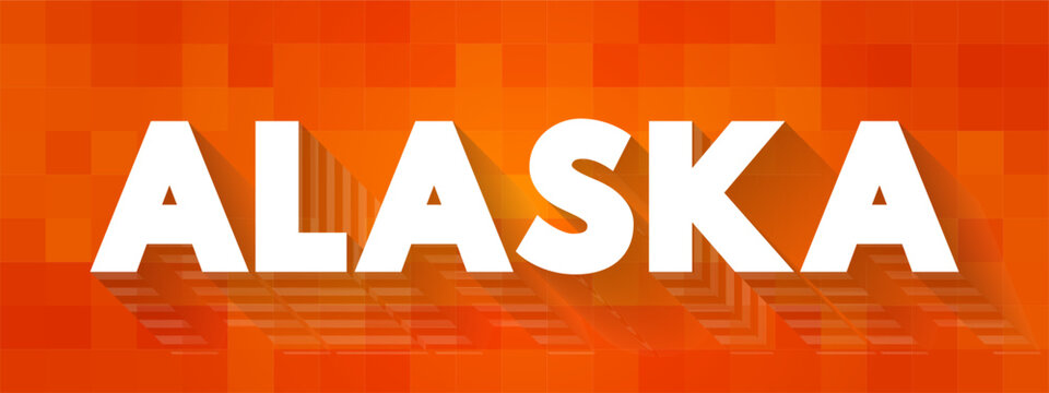 ALASKA text displayed with long shadow effect on a tiled colorful background, representing United States tourism, northern travel adventures, wilderness destinations, and state geography aspects.