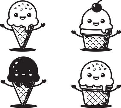 Cute kawaii ice cream cones with sprinkles and cherry during summer for confectionary advertising