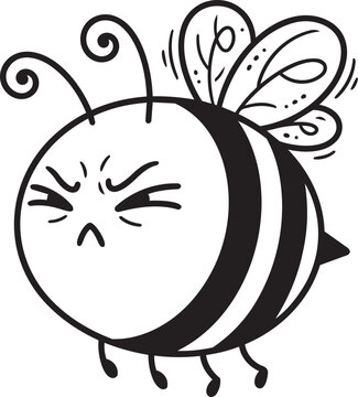 Cute vector silhouette of a grumpy bee with stripes and curly antenna on white background
