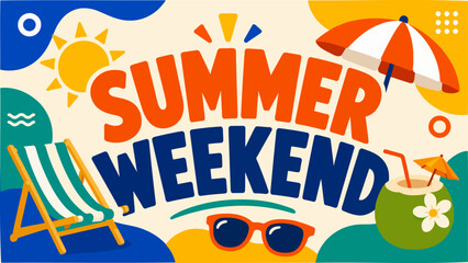 Obraz premium Vibrant summer weekend banner with beach umbrella, deck chair, and tropical coconut cocktail on a sunny background.