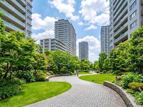 青空が広がるマンション街の庭園で散歩する人々