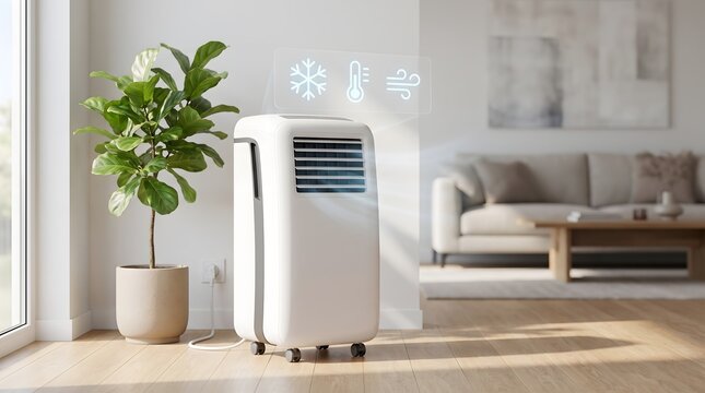 Smart portable air conditioner unit cooling modern living room with digital temperature and airflow interface representing indoor climate control