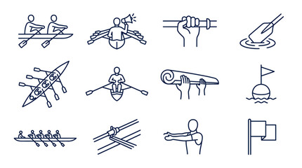 Sleek Black and White Line Icons Set Featuring Rowing Canoeing and Water Sports Equipment with Symbolic Illustrations © Azam
