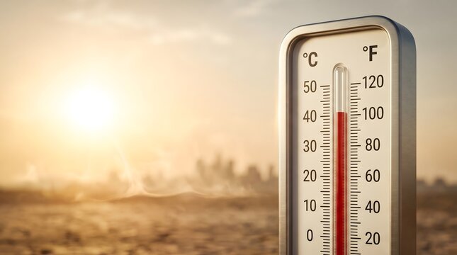 Extreme summer heat thermometer measuring record high temperatures on cracked drought soil representing climate change and severe weather conditions