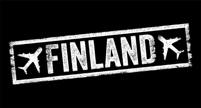 FINLAND text stamp graphic with airplane icons represents Scandinavian travel, Nordic tourism, European flight destinations, international journey planning, and direct airport departure to Helsinki.