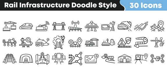 Set of thirty hand drawn rail infrastructure icons for design © Vectoravec