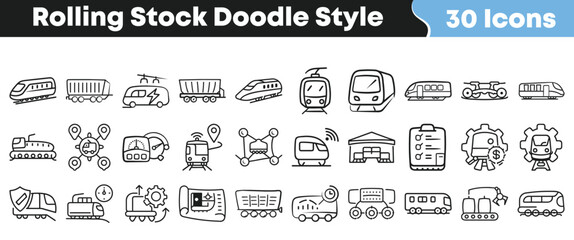 Set of thirty hand drawn rolling stock train doodle icons © Vectoravec