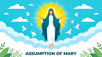 Assumption of mary illustration with glowing sun and birds