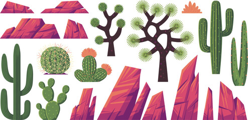 Desert Landscape Elements, Cactus Joshua Trees and Red Rock Formation Vector Set for Nature Scene Design © Asha