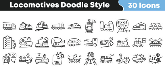 Set of hand drawn sketch style locomotive and train icons © Vectoravec