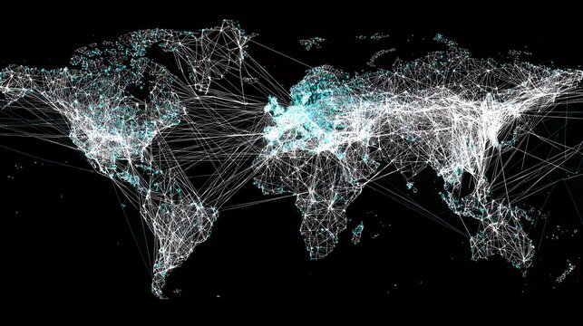 Dense Worldwide Connectivity Map with Glowing Network Lines for Global Data Transfer and Telecommunications Background