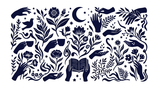 Mystical celestial hand and floral vector collection, dark blue botanical elements, elegant occult illustrations for spiritual design, magic, and nature themes