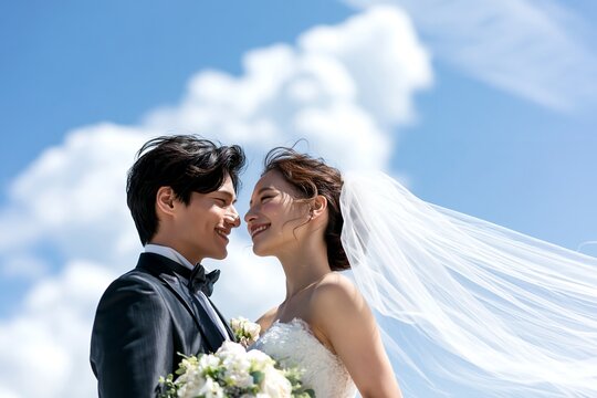 晴れ渡る青空の下で幸せを誓い合う若い日本人新婚夫婦