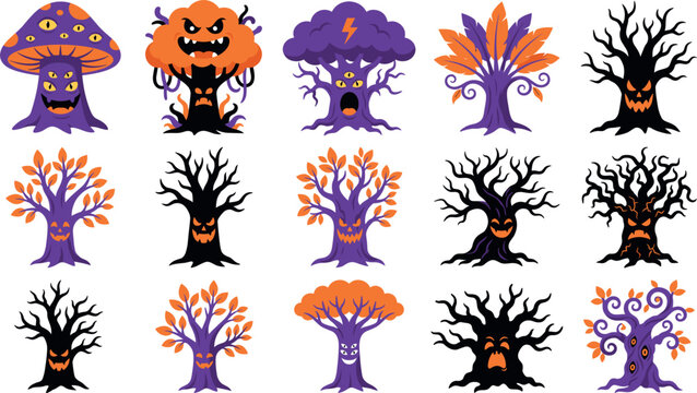 Creative halloween cartoon trees with spooky and autumn designs