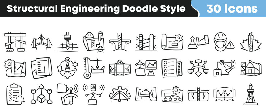 Collection of thirty structural engineering doodle style line art icons