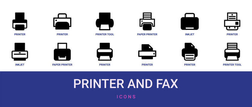 Set of 12 outline web Printer and Fax icons such as printer tool, printer, printer, paper inkjet, vector icons for report, presentation, diagram, web design, mobile app