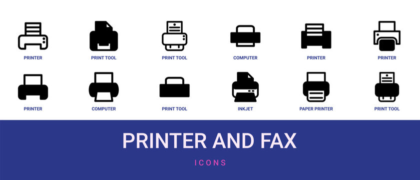 Set of 12 outline web Printer and Fax icons such as print tool, paper printer, inkjet, print tool, computer printer, printer, vector icons for report, presentation, diagram, web design, mobile app