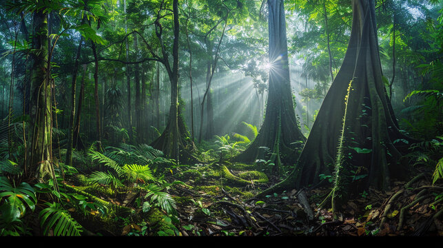 Magical morning sunbeams piercing through the dense trees of Lawachara Rainforest, Bangladesh