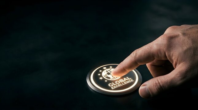 A person pressing a glowing button with global excellence symbolizing success with circular glowing interface