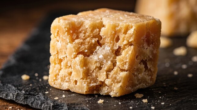 Close up of an aged parmesan cheese block on a black slate board with parmesan, culinary