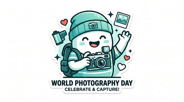 Cartoon character celebrating world photography day with camera