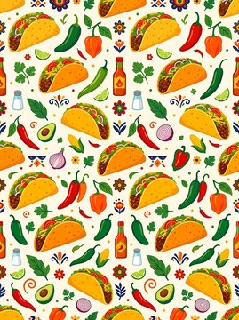 Mexican taco and chili pepper seamless pattern with vibrant colors