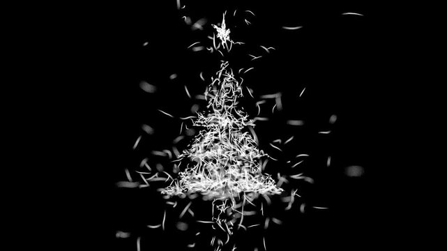Christmas Tree Formed by White Calligraphic Marks.
A stylized Christmas tree emerges from a dynamic flurry of white calligraphic light trails.