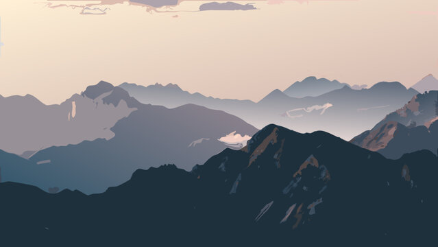 Layered mountain range illustration in muted tones depicting a scenic landscape with atmospheric perspective mountains view