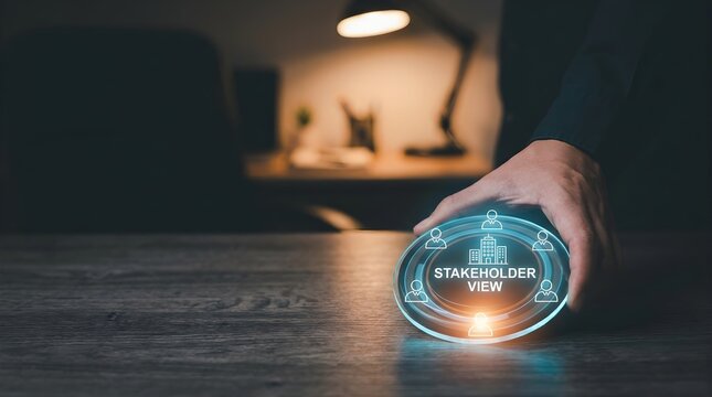 Business professional interacting with digital stakeholder view interface in dimly lit office
