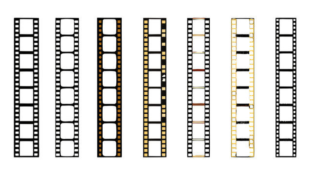 Film strip frames with rectangular perforations and amber toned images on a black background filmstrip reel