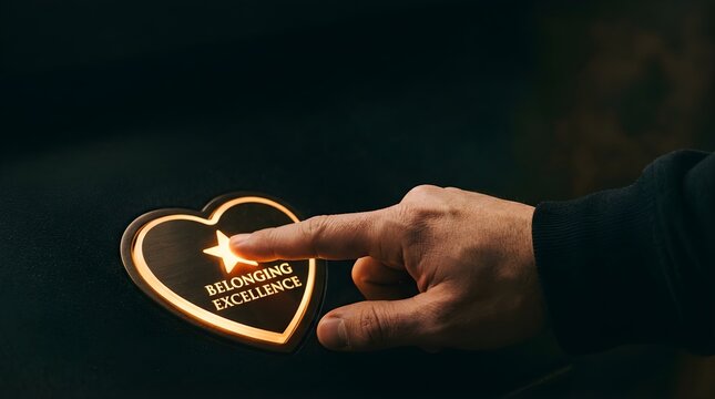 Close up of a hand pressing a glowing heart symbol with the text belonging with belonging excellence