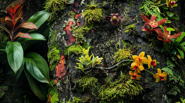 Detailed close-up of vibrant wild flowers and moss growing on bark in Lawachara Rainforest, Bangladesh