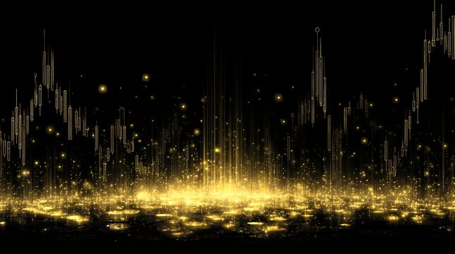 Golden financial stock market candlestick chart background with glowing particles for trading investment and economic growth concepts.
