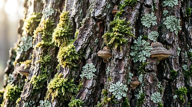 Tree bark texture with green moss and lichen for forest ecology and nature conservation article design