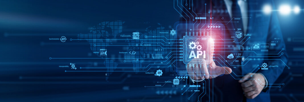 Software coder touch of smart API circuit board and integrating seamless data integration pipelines on a modern holographic screen. Enhancing system connectivity for better performance.