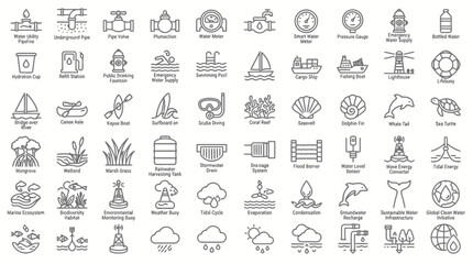 Hydraulic system and sea life icons collection depicting water supply and nautical themes. © Tah