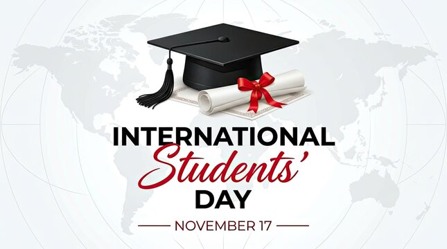 International Students Day celebration with graduation cap and globe. Academic milestone event for global education and university achievements.