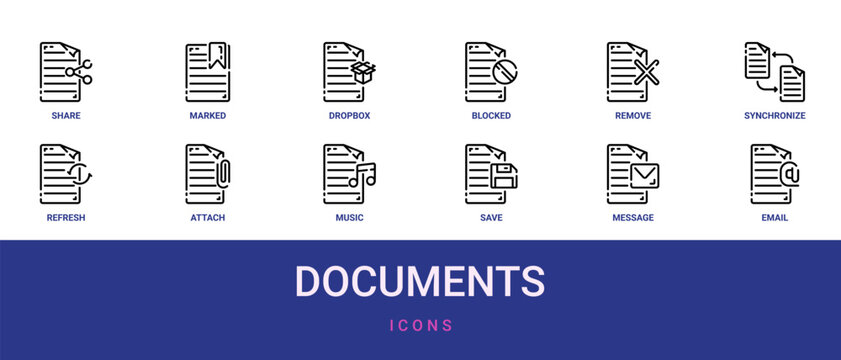 Set of 12 outline web Documents icons such as email, message, save, music, attach, refresh, synchronize vector icons for report, presentation, diagram, web design, mobile app