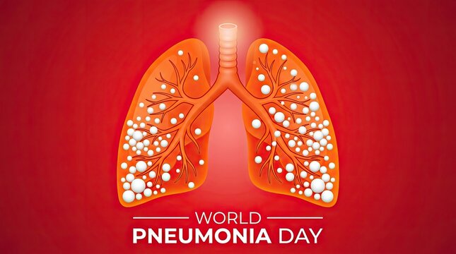 World Pneumonia Day awareness campaign with glowing infected lungs. Medical illustration of respiratory disease and global health crisis.