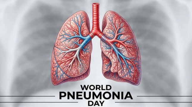 World Pneumonia Day medical illustration of human lungs with blood vessels. 3D anatomical respiratory system graphic for healthcare awareness campa...