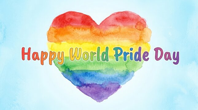Colorful rainbow heart for World Pride Day celebration. Vibrant LGBTQ+ symbol with festive greeting text on light background.