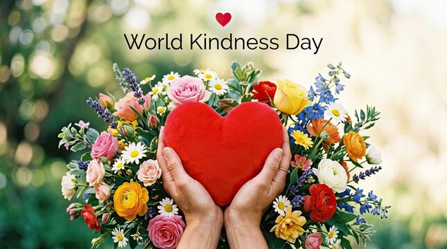 World Kindness Day celebration with hands holding heart-shaped floral bouquet. Volunteers promoting compassion and generosity through colorful spri...