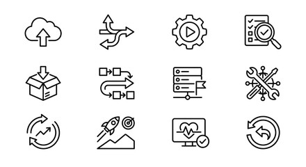 Fototapeta premium Business Process Icons: Cloud Upload, Workflow, Settings, Checklist, Box, Strategy, Server, Repair