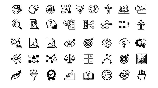 Strategic brainstorming and creative problem solving business icon set for management teams.